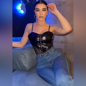 Black Faux Leather Corset Bodysuit